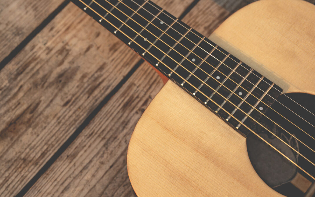 acoustic guitar against wood background